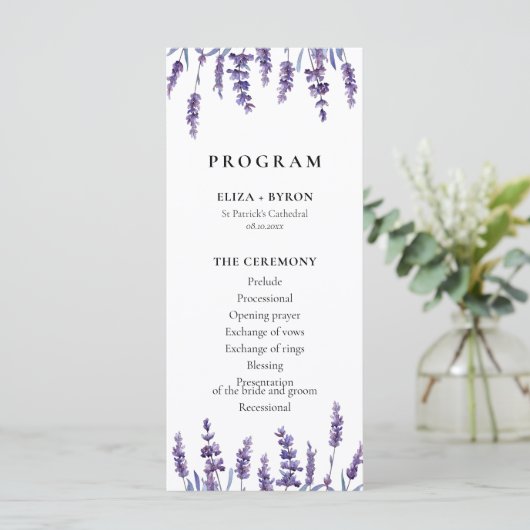 Elegant floral lavender dubbelzijdig huwelijk programmakaart (Staand voorkant)