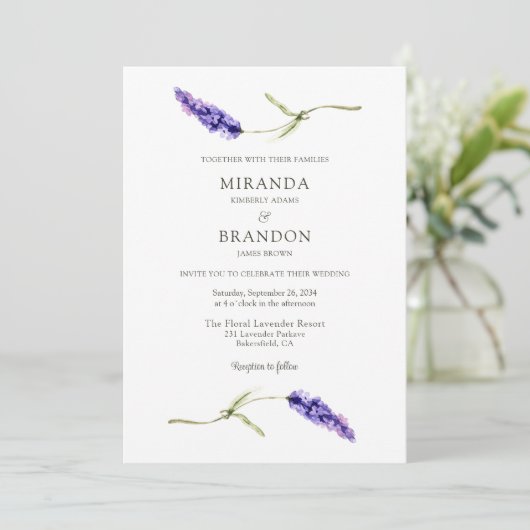 Elegant Floral Lavender Wedding Invitation Kaart (Staand voorkant)