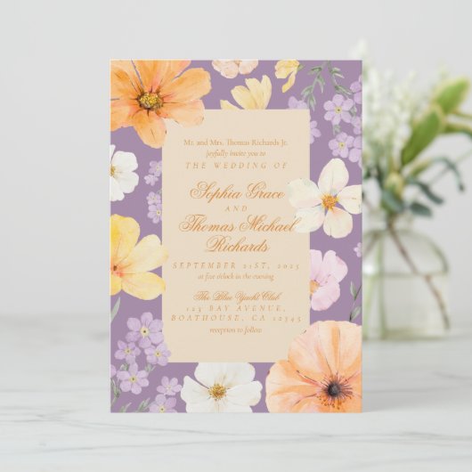 Elegant Floral Lavender Wedding Invitation Kaart (Staand voorkant)