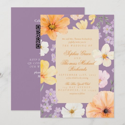 Elegant Floral Lavender Wedding Invitation Kaart (Voorkant / Achterkant)