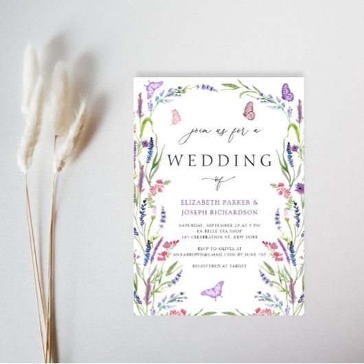 Elegant Floral Lavender Wedding Invitation Kaart