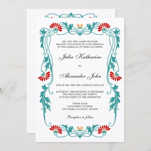 Elegant Floral Leaf and Swirls Invitation Kaart (Voorkant / Achterkant)