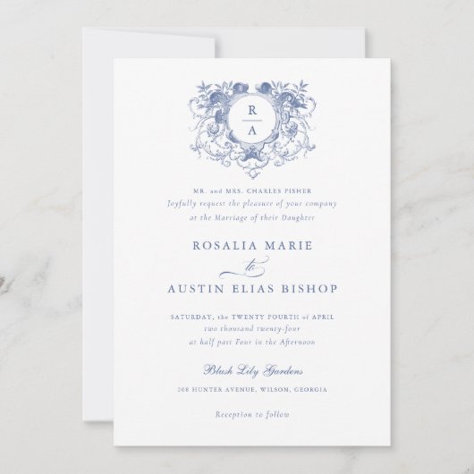  Elegant Floral Leaf Crest Monogram Bruiloft Kaart (Voorkant)