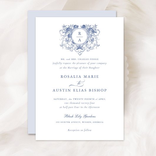  Elegant Floral Leaf Crest Monogram Bruiloft Kaart