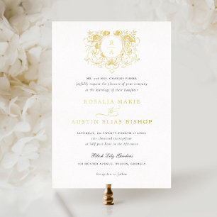  Elegant Floral Leaf Crest Wedding Gold Folie Uitnodiging