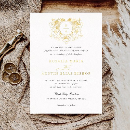  Elegant Floral Leaf Crest Wedding Gold Folie Uitnodiging