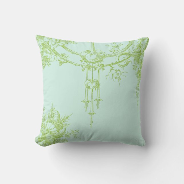 Elegant Floral, Leaf Green en Aqua Kussen (Voorkant)
