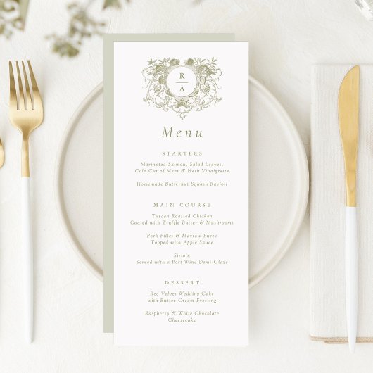 Elegant Floral Leafy Crest Bruiloft Menu