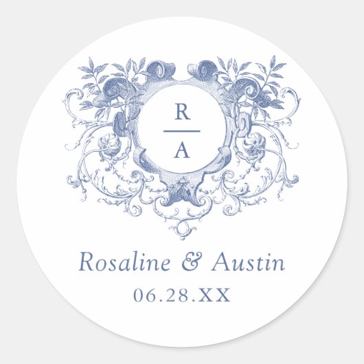  Elegant Floral Leafy Crest Bruiloft Ronde Sticker (Voorkant)