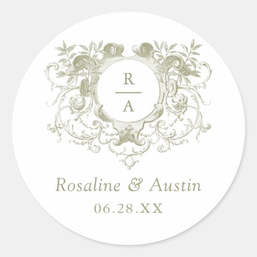  Elegant Floral Leafy Crest Bruiloft Ronde Sticker (Voorkant)