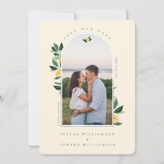 Elegant Floral Lemon Tree Arch Geel Save The Date (Voorkant)