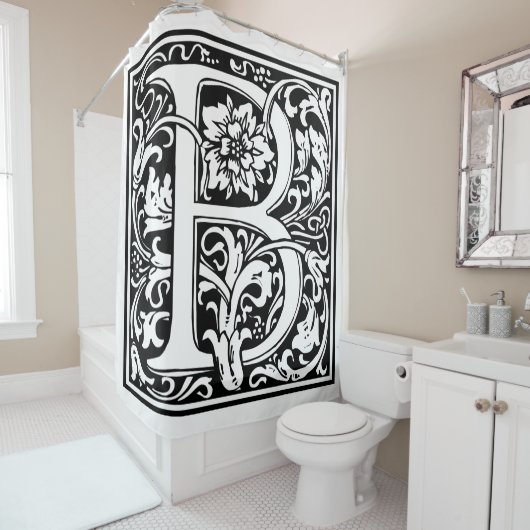 Elegant Floral Letter B Monogram Douchegordijn (In situ)