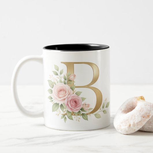 Elegant Floral Letter B Monogram Mug  Personalize Tweekleurige Koffiemok (Met donut)