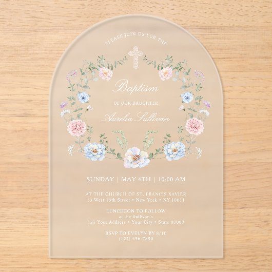 Elegant Floral Lijst doop Acryl Uitnodigingen (Voorkant)