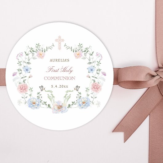 Elegant Floral Lijst Eerste Communie Ronde Sticker