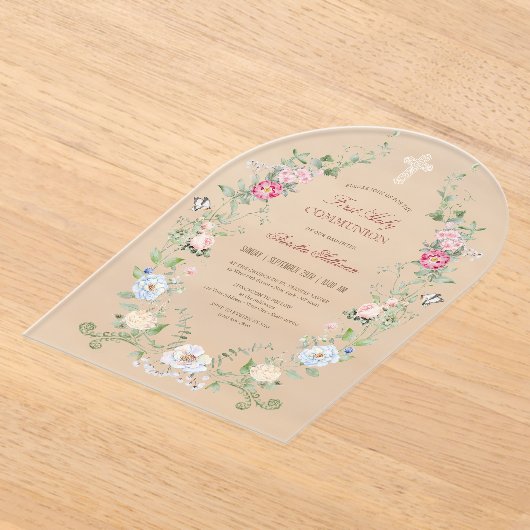 Elegant Floral Lijst Eerste Heilige Communie Acryl Uitnodigingen (Laagn)