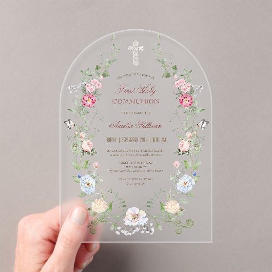 Elegant Floral Lijst Eerste Heilige Communie Acryl Uitnodigingen (Insitu (Draagbaar))