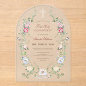 Elegant Floral Lijst Eerste Heilige Communie Acryl Uitnodigingen (Voorkant)
