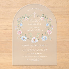 Elegant Floral Lijst Eerste Heilige Communie Acryl Uitnodigingen