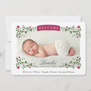 Elegant Floral Lijst Plum Baby Girl Foto geboorted Aankondiging