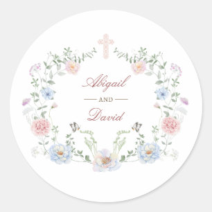 Elegant Floral Lijst Religieuze bruiloft Ronde Sticker