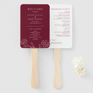 Elegant Floral Line Art Burgundy Wedding Program Handwaaier