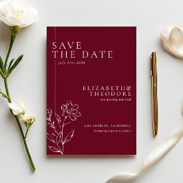 Elegant Floral Line Art Burgundy Wedding Save The Date