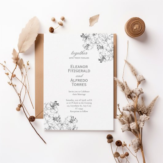 Elegant Floral Line Art Wedding Invitation Kaart