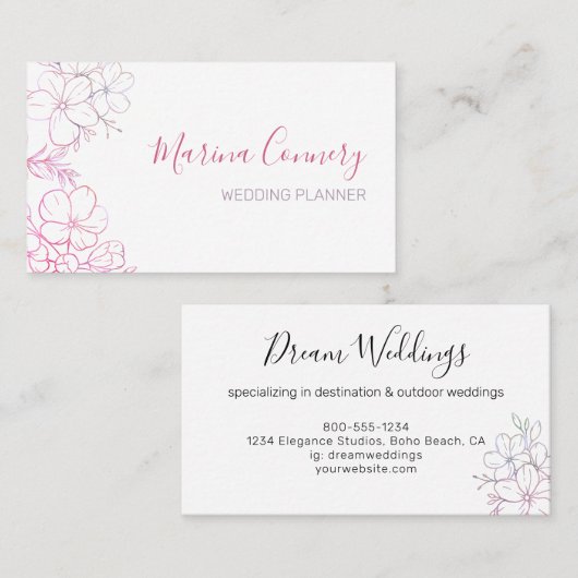 Elegant Floral Line Drawing Wedding Planner Visitekaartje (Voorkant / Achterkant)