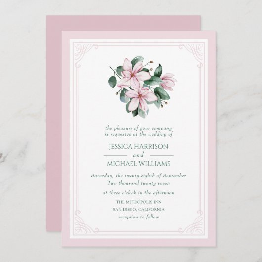 Elegant Floral Magnolia Pink Formal Wedding Kaart (Voorkant / Achterkant)