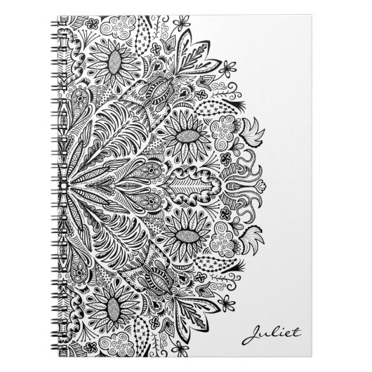 Elegant Floral Mandala Art Black and White Circle Notitieboek (Voorkant)