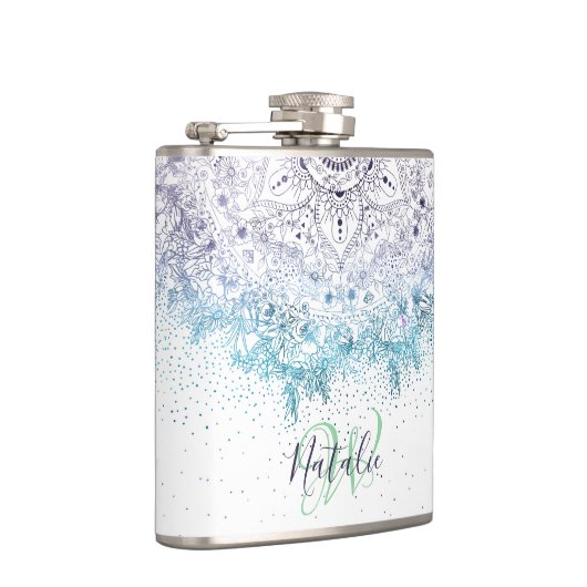 Elegant floral mandala en confetti afbeelding heupfles (Rechts)