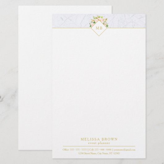 Elegant Floral Marble Chic Pastel Stationery Briefpapier (Voorkant / Achterkant)