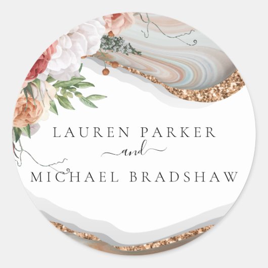 Elegant Floral Marble Glitter Wedding Ronde Sticker (Voorkant)