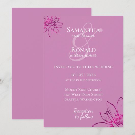 Elegant floral mauve & fuschia trouwuitnodiging kaart (Voorkant / Achterkant)