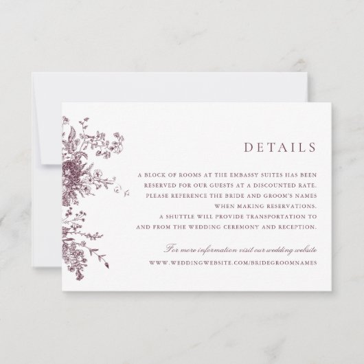 Elegant Floral Merlot Wedding Details Kaart (Voorkant)