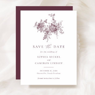 Elegant Floral Merlot Wedding Save the Date Kaart