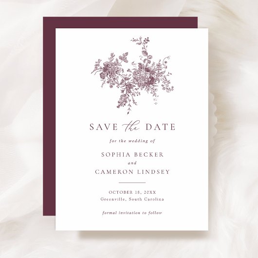 Elegant Floral Merlot Wedding Save the Date Kaart