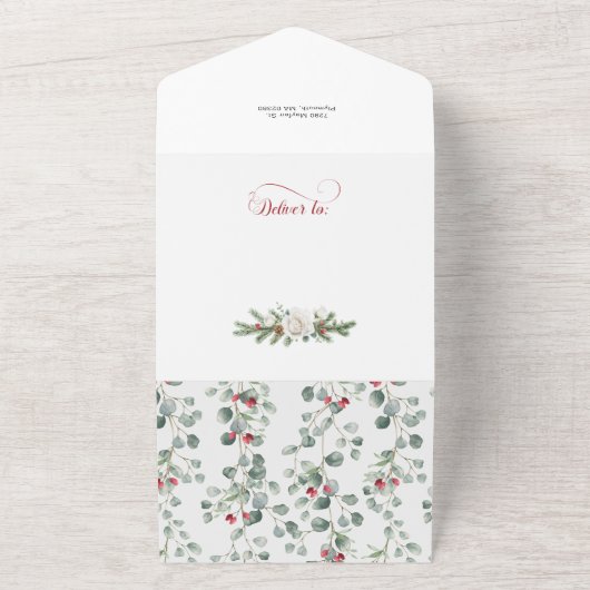 Elegant Floral Merry Kerstkalligrafie All In One Uitnodiging (Buitenkant)