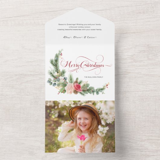 Elegant Floral Merry Kerstkalligrafie All In One Uitnodiging (Binnen)