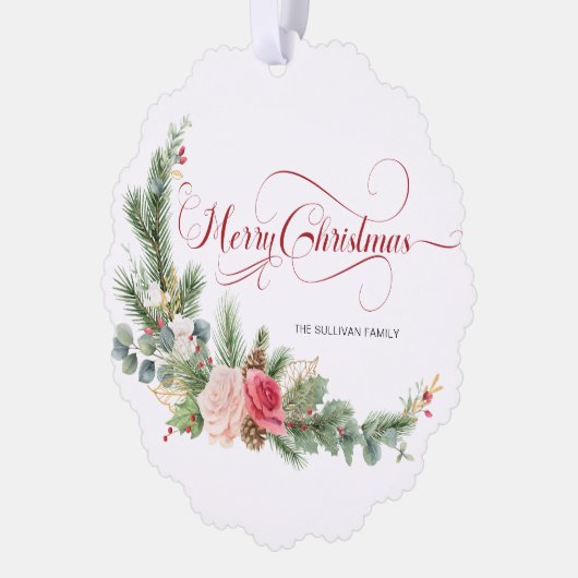 Elegant Floral Merry Kerstkalligrafie Ornament Kaart (Links)