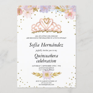 Elegant Floral met Tiara Quinceañera Kaart
