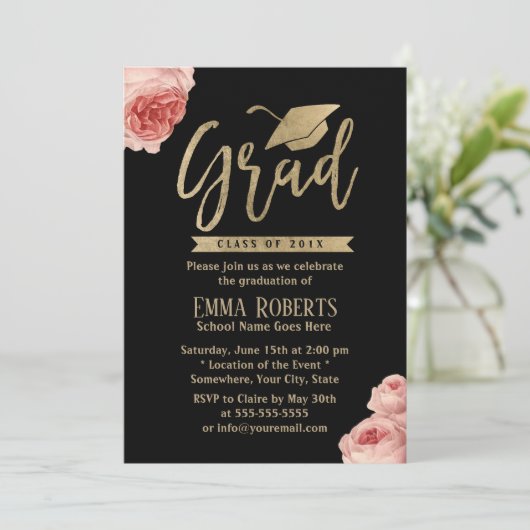 Elegant Floral Modern Gold Graduation Party Kaart (Staand voorkant)