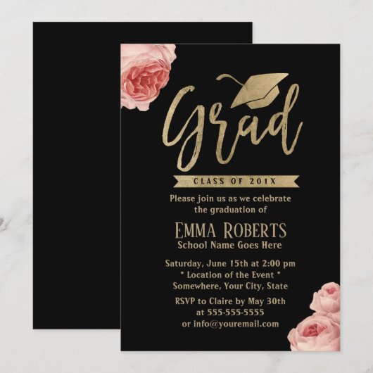 Elegant Floral Modern Gold Graduation Party Kaart (Voorkant / Achterkant)
