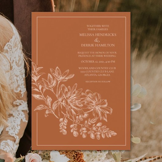 Elegant Floral Monochromatic Terra Cotta Wedding Kaart