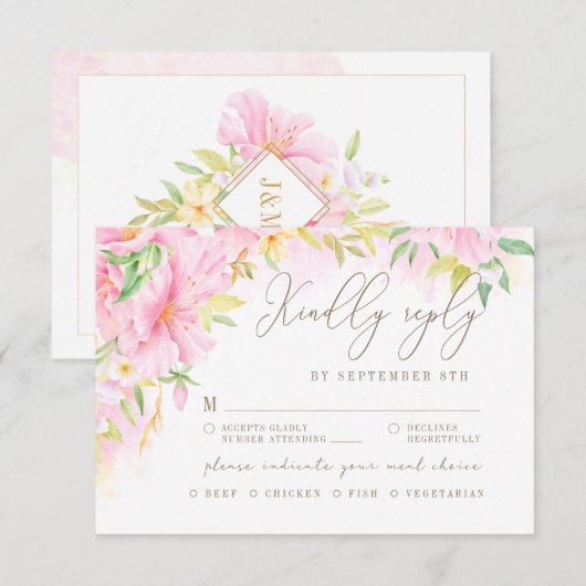 Elegant Floral Monogram Blush Pink Meal Choice RSVP Kaartje (Voorkant / Achterkant)