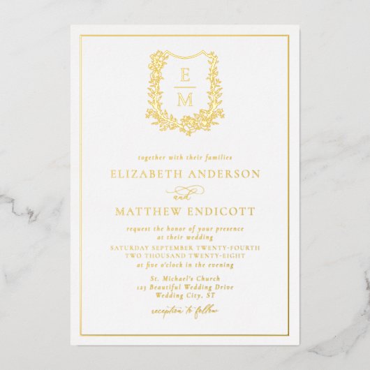 Elegant Floral Monogram Crest Wedding Gold Folie Uitnodiging (Voorkant)