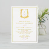 Elegant Floral Monogram Crest Wedding Gold Folie Uitnodiging (Staand Voorkant)