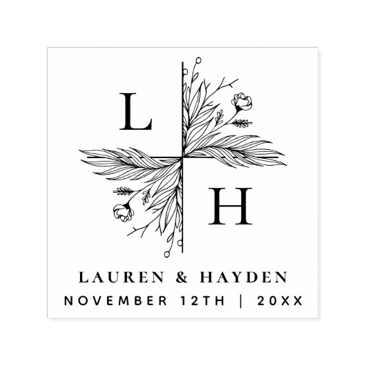 Elegant Floral Monogram | De datum waarop het huwe Zelfinktende Stempel (Design)
