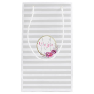 Elegant Floral Monogram Grijze stripes Aangepast Klein Cadeauzakje